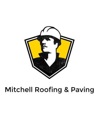 Mitchell Roofing and Paving logo featuring a construction worker in a hard hat inside a shield with yellow and black colors